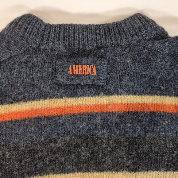America 100% Wool Striped Knit Sweater Blue Orange Long Sleeve Men S Small VTG - Picture 10 of 11